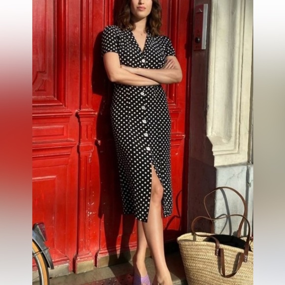 Rouje Dresses & Skirts - Polka Dot Button-Front Midi Dress in Black
